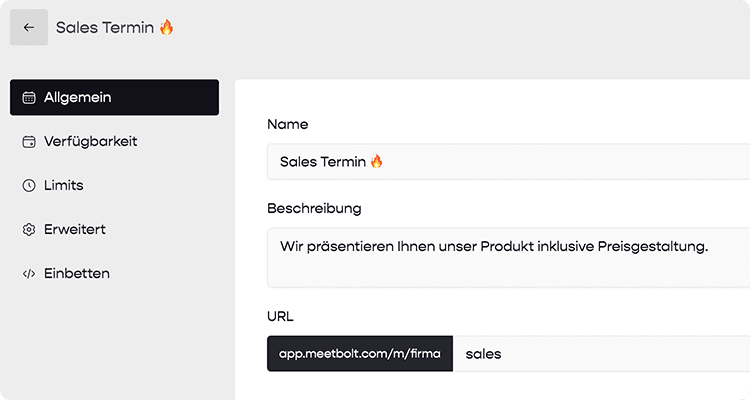 Event type settings in Meetbolt